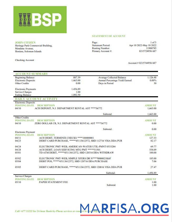 Downloadable Solomon Islands BSP bank statement word template